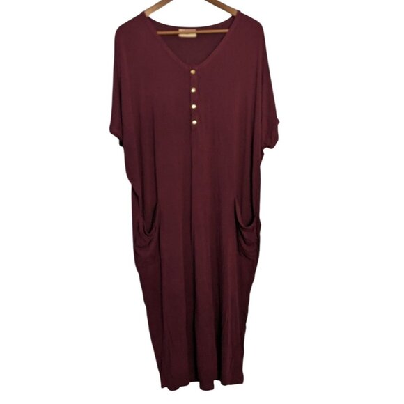 Dwell & Slumber Burgundy One Size Lounge Dress Pockets Button XL sz 18 - Picture 2 of 9